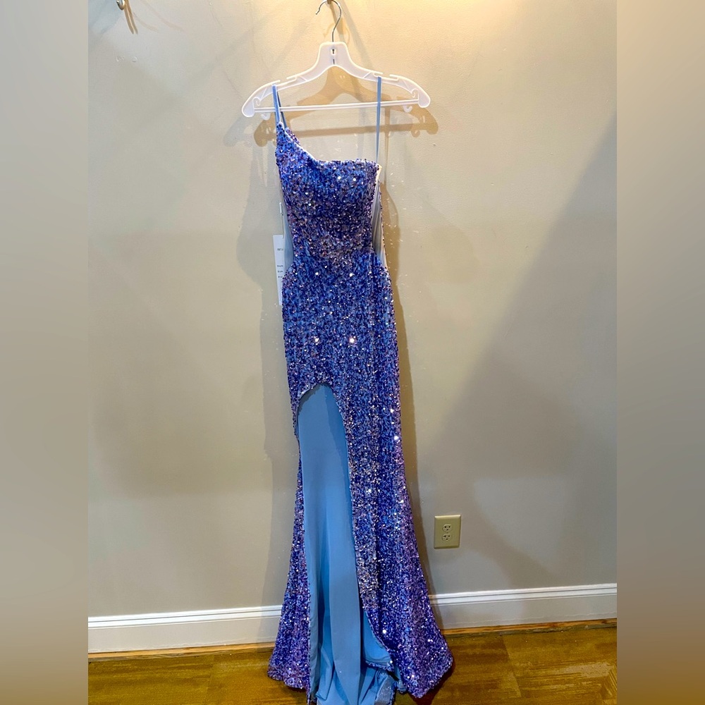 Lavender sequin gown with blue undertones